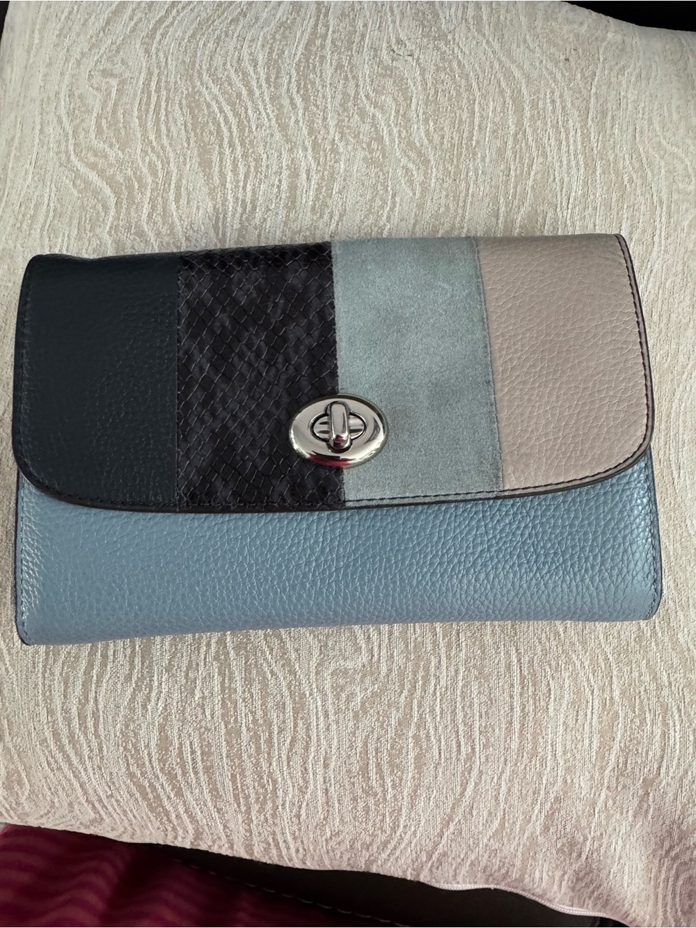 Coach Colorblock Leather Wristlet in Blue, Black and Taupe